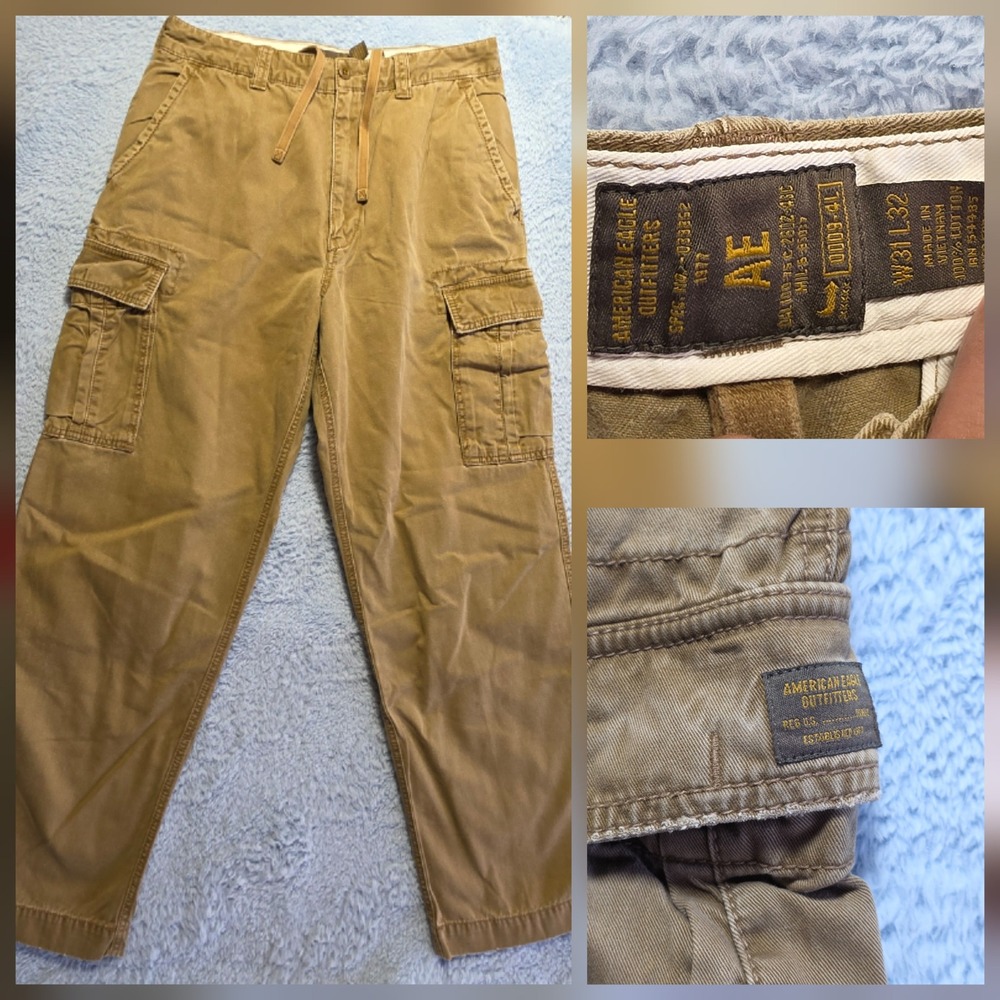 VTG y2k American Eagle Outfitters Men's 31x32 Khaki Cargo Pants Tan Drawstring